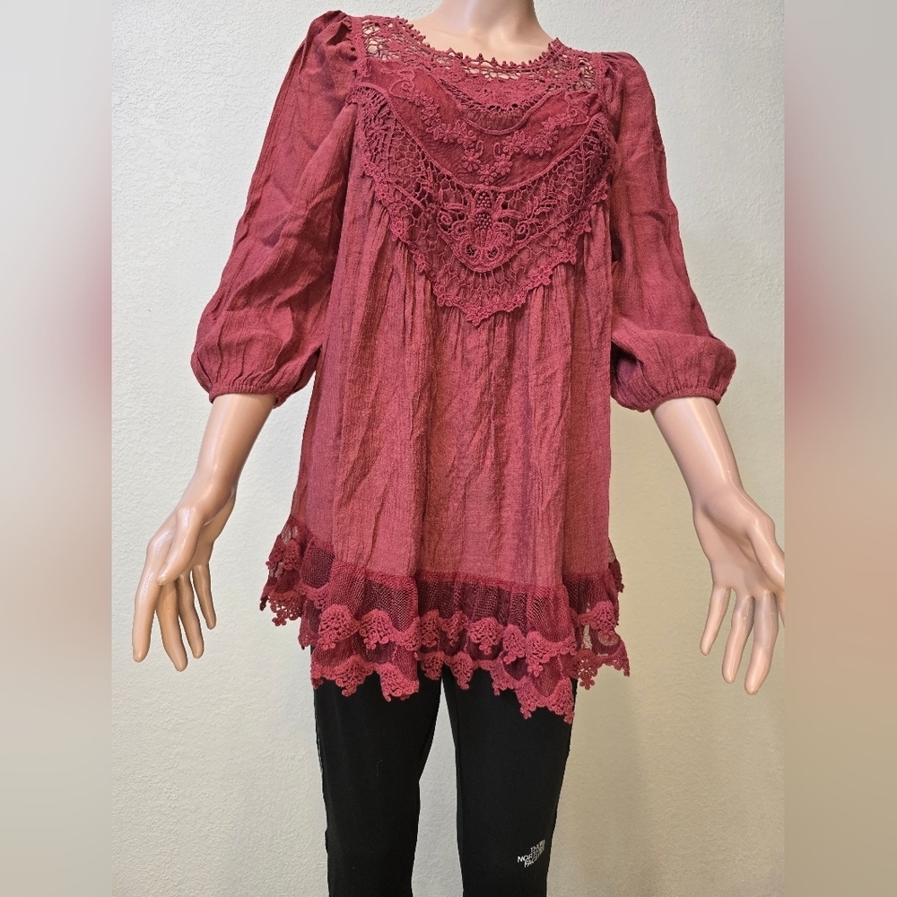 Entro Crochet Babydoll Tunic Top Women's Small Red 3/4 Sleeve Boho